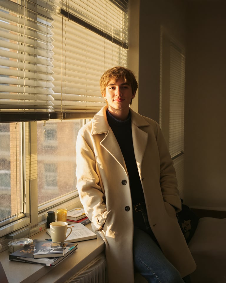 Vintage cream wool overcoat by a sun-lit window