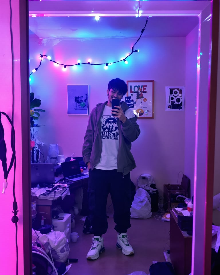 Cyber streetwear in a neon LED bedroom