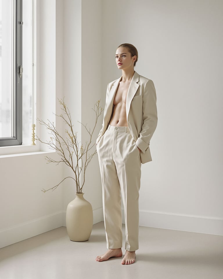 Minimal oatmeal linen suit in a gallery space