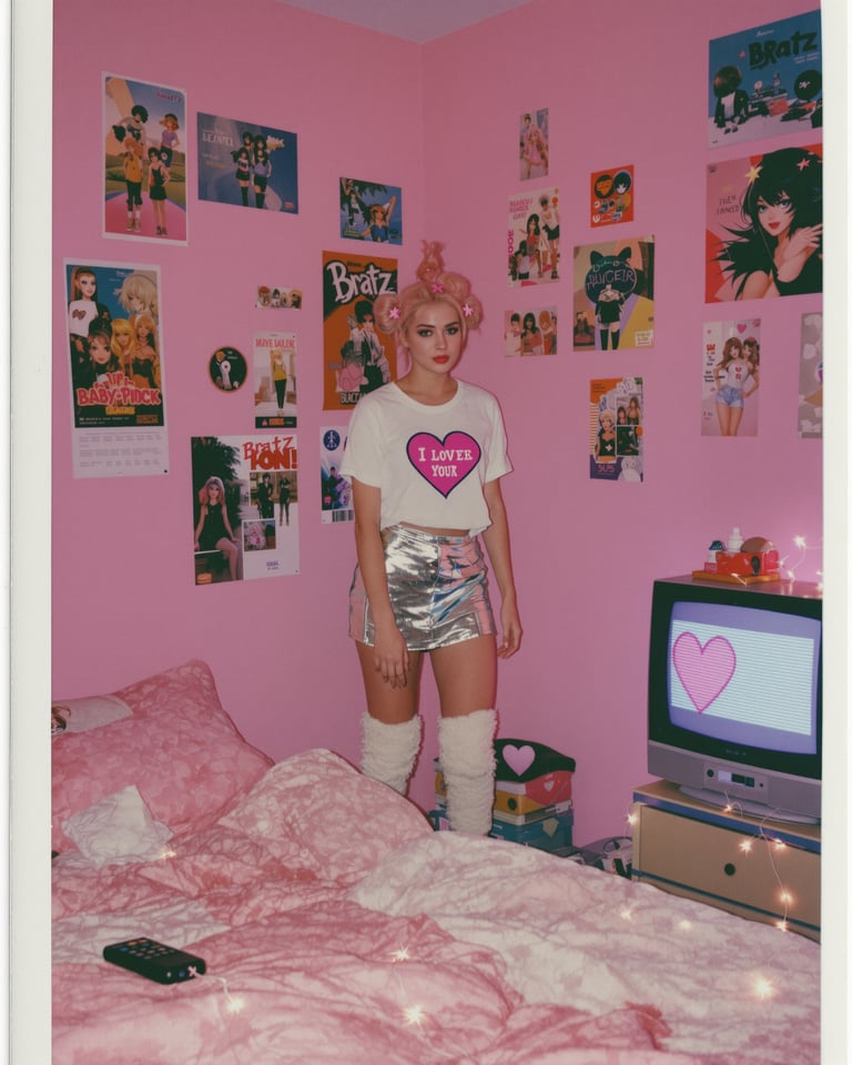 Y2K cyber-princess in a bubblegum pink bedroom with Bratz posters