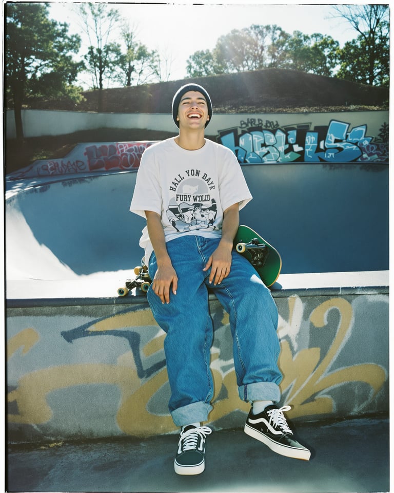 Skater on a sunlit graffiti'd skate park ledge mid-laugh